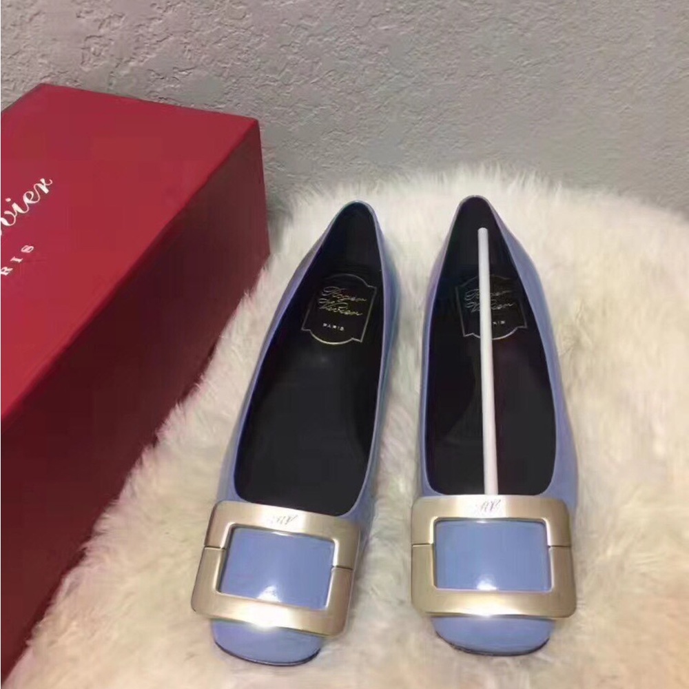 Roger Vivier Light Blue Flats with Gold Buckle